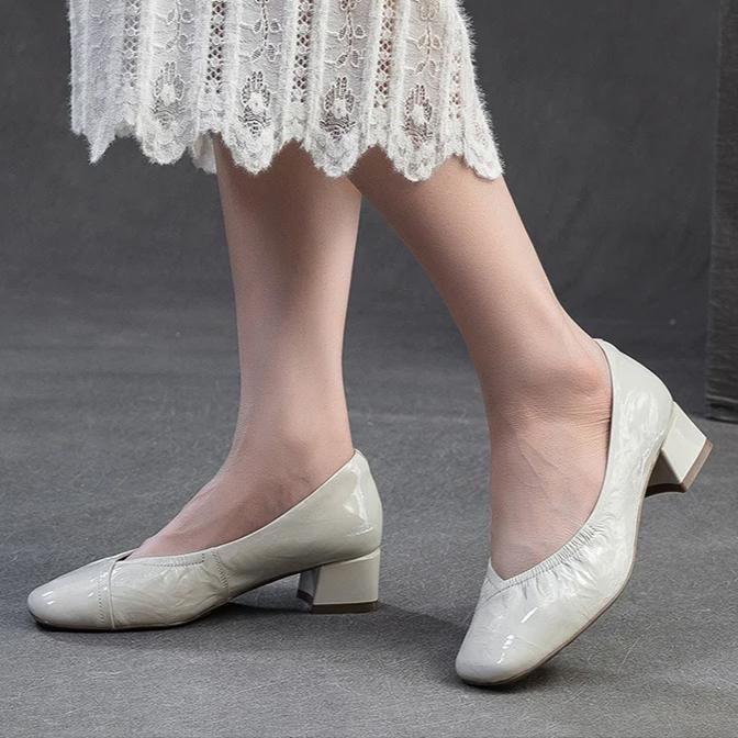 Johnature Square Toe Office Lady Pumps Genuine Leather Fashion Thick Heeled Slip-on Women's Shoes