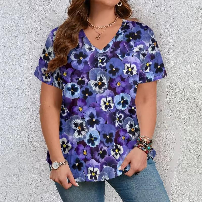 

Flower Women s Short Sleeve V Neck Tshirt Woman Fashions Loose Clothing Colorful 3D Flower Print Holidays T-Shirts Tops XS