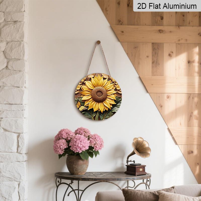 2D Flat Aluminum Sunflower Pattern Wall Hanging, 7.87 Inches X 7.87 Inches, Country Style, Suitable for Gardens, Farmhouses, Cafes, Living Rooms