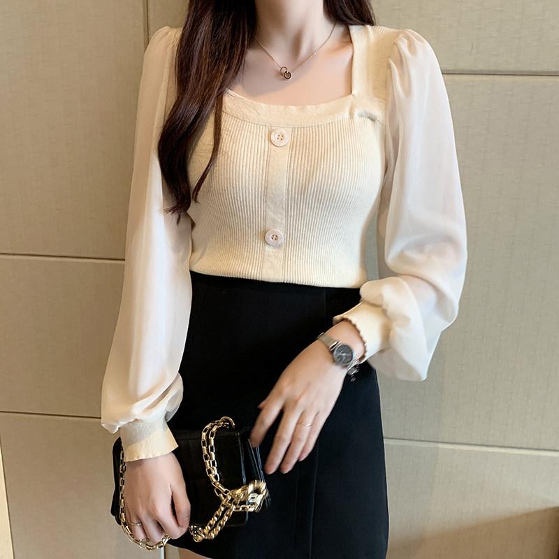 

Женский весенний модный однотонный топ с квадратным вырезом, лоскутный свитер с длинными рукавами, женские вязаные пуловеры, женская одежда One Size абрикосовый