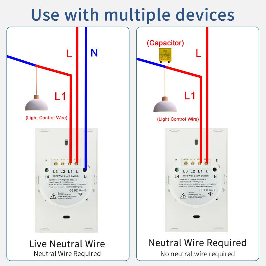 Smart Switches US Neutral Wire/No Neutral Wire Required 1/2/3/4 Gang Light WiFi Touch Switch Works with Tuya Smart Life App
