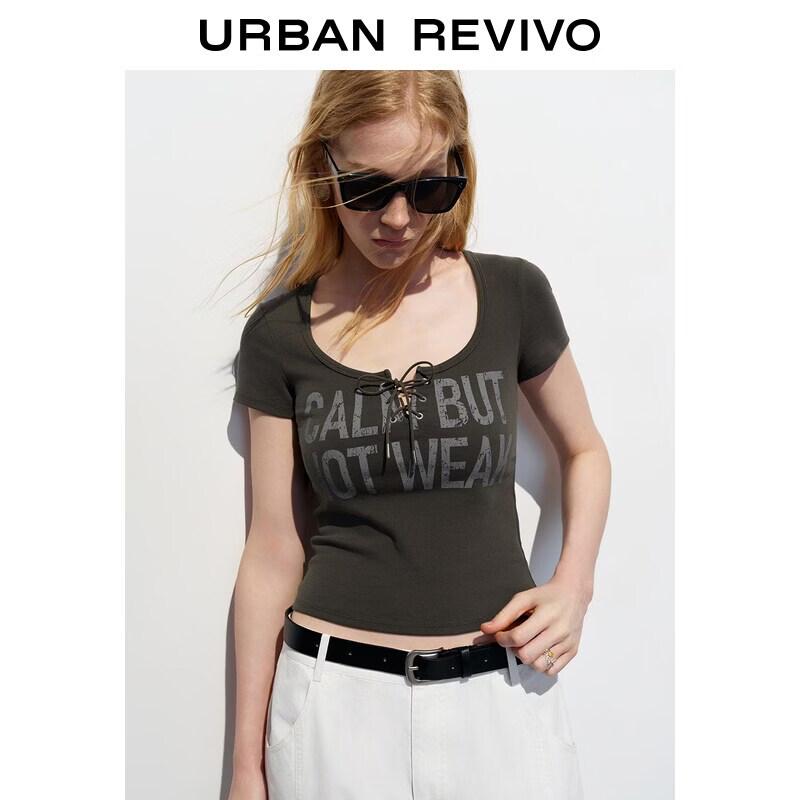UR2026 Women s Retro Print Lace-up Slim Short Sleeve T-shirt L
