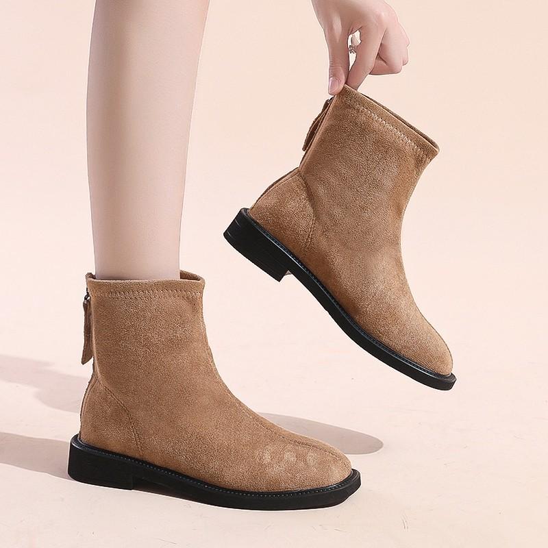 Large Size Low Heel Simple Short Boots Women's 2025 Korean Version of the New Suede Rear Zipper Thick Heel Thin Short Martin Boots