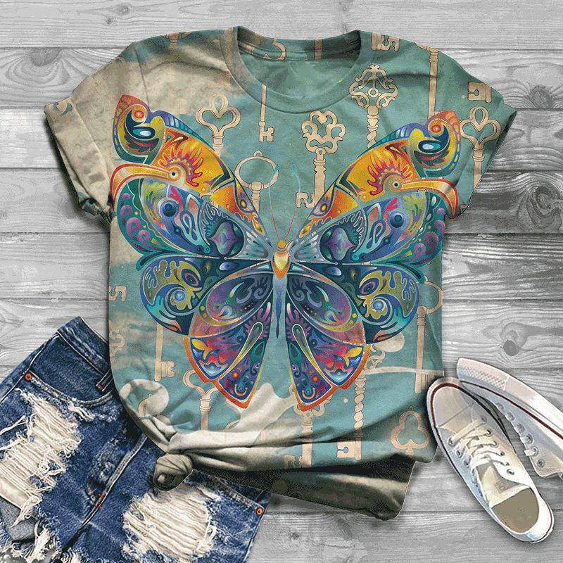Summer Top Butterfly Series 3D Digital Printed Sports and Leisure Loose Women's Short Sleeved T-shirt