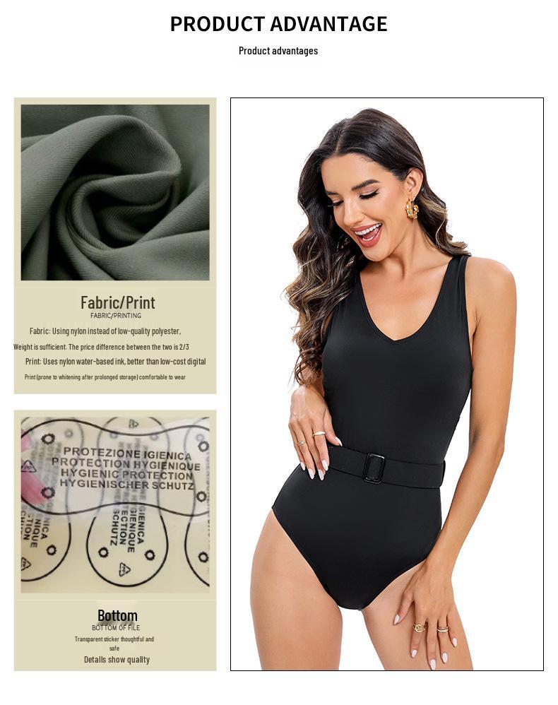 Women's Sexy Solid Color Belted Deep V Tummy Control One-Piece Swimsuit