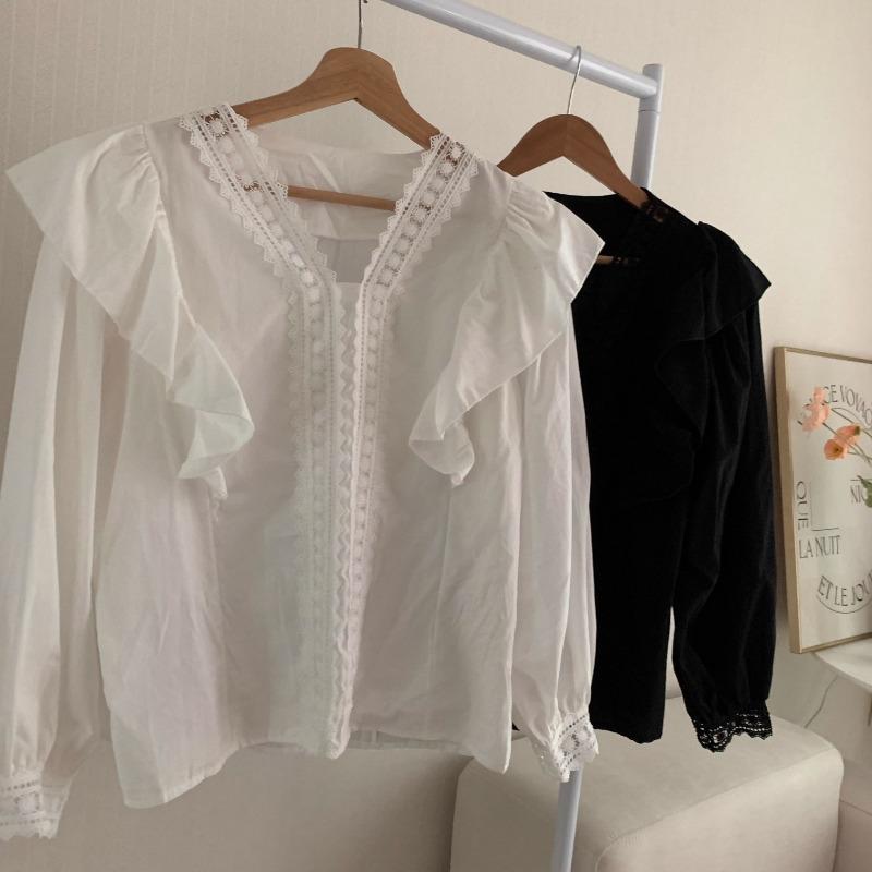 Chic Temperament Lace V-neck Patchwork Ruffled White Shirt Women Loose Casual Puff Sleeve Blouse Women Tops Elegant Vintage Slim Ladies Blouses 25976