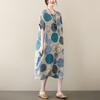 Women Linen Cotton Midi Dress O‑Neck Short Sleeve Loose Plus Size Vintage Print Casual Summer Dress