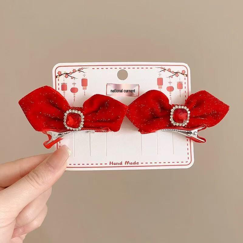 Children's Red Bow Hair Clip - Festive Spring Festival Hanfu Headwear