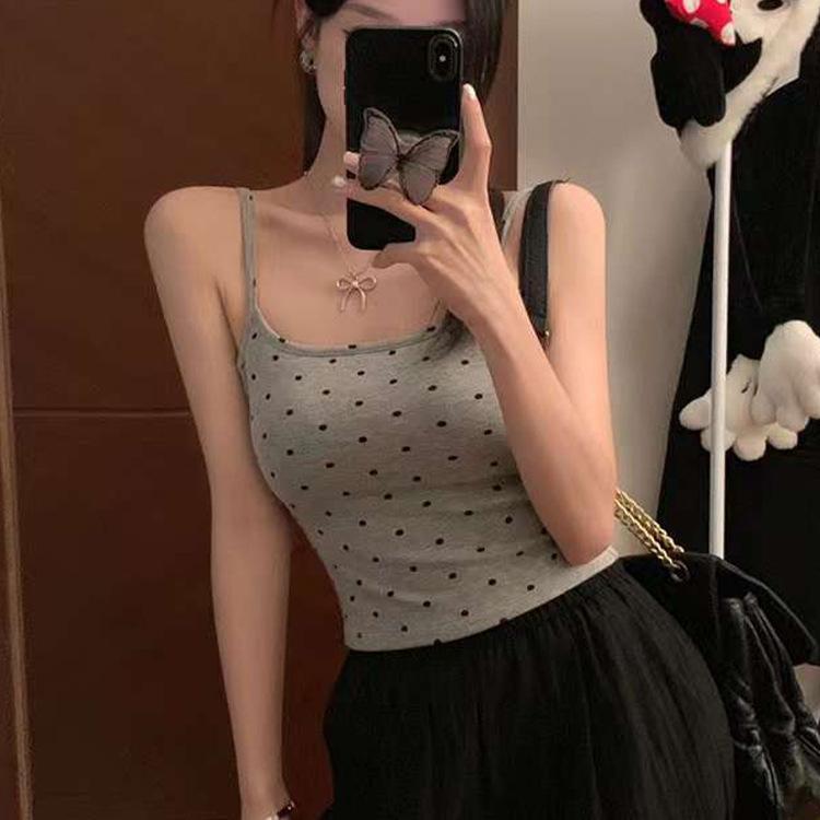Canotta a spallina con pois alla moda e coppe al seno, canottiera da donna senza maniche con schiena scoperta