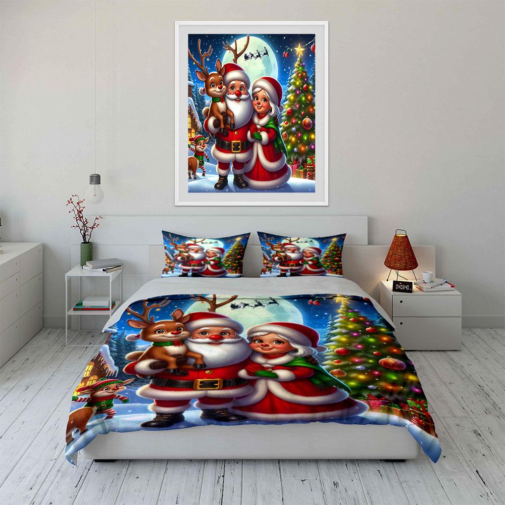 Christmas Santa Claus Family Scene Bedding Duvet Cover Set Duvet Cover Pillowcases (1*Duvet Cover 2*Pillowcases, Without Duvet Insert)