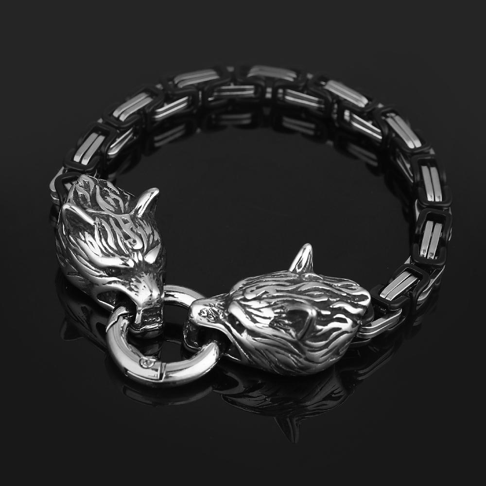 Norse Viking Celtic Wolf Head Bracelet Men Stainless Steel Odin Wolf Bangle Amulet Never Fade Gold Color King Chain Rock Jewelry