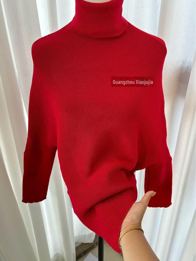 Women's Red High Collar Slim Knit Sweater - Autumn/Winter 2025 Korean Trend