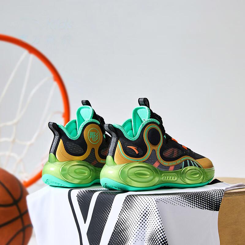 Anta Kids Asymmetrical 3 Shock Absorbing Wear Resistant Breathable Mid Top Basketball Shoes Kids Basketball Shoes Black Gold 312331102-5