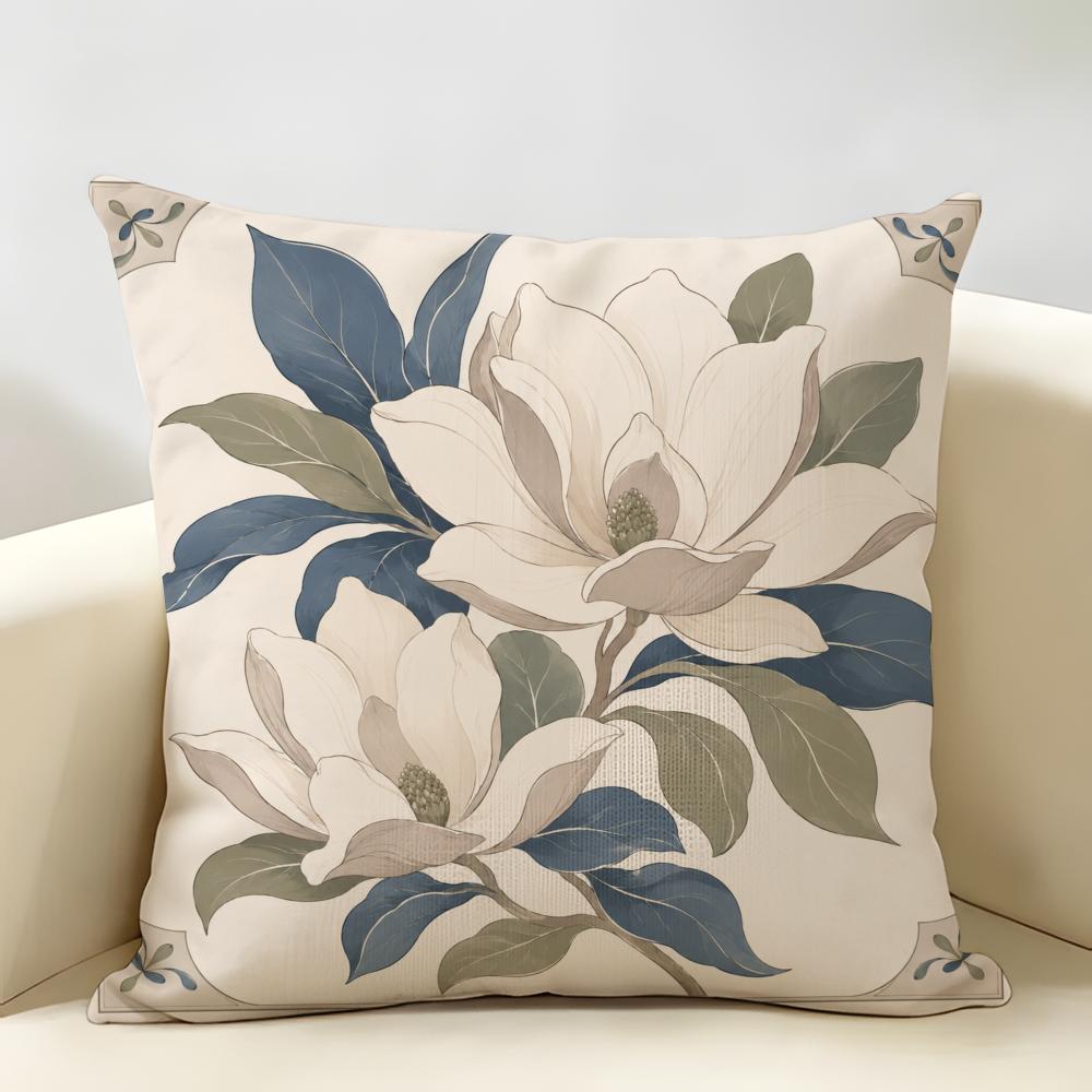 Vintage Oriental Botanical Floral Cushion Cover Durable Hypoallergenic Organic Linen Short Pillow Cover Washable