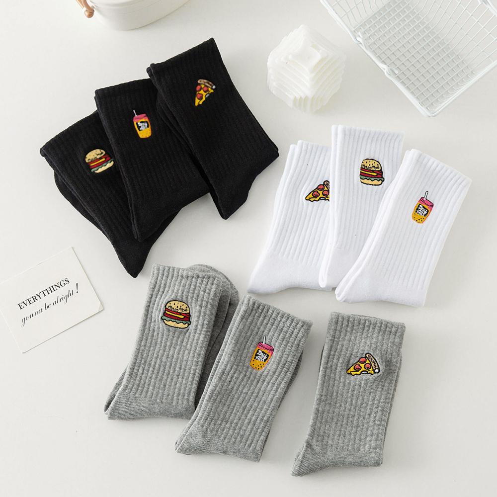 Warmer Winter Neu Lustige Stickerei Hamburger Pizza Muster Weiß Schwarz Grau Lässige Hipster Dicke Socken Weihnachtsgeschenk Dropship