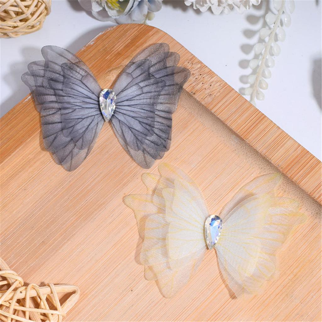 5 Layer Tulle Butterfly Applique Craft Kits with Crystal Droplet for Handmade Garment Hair Clip Project Accessory 10PCS