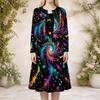 Women Plus Size Round Neck Long Sleeve Galaxy Printed Cardigan And Dress Two Piece Set