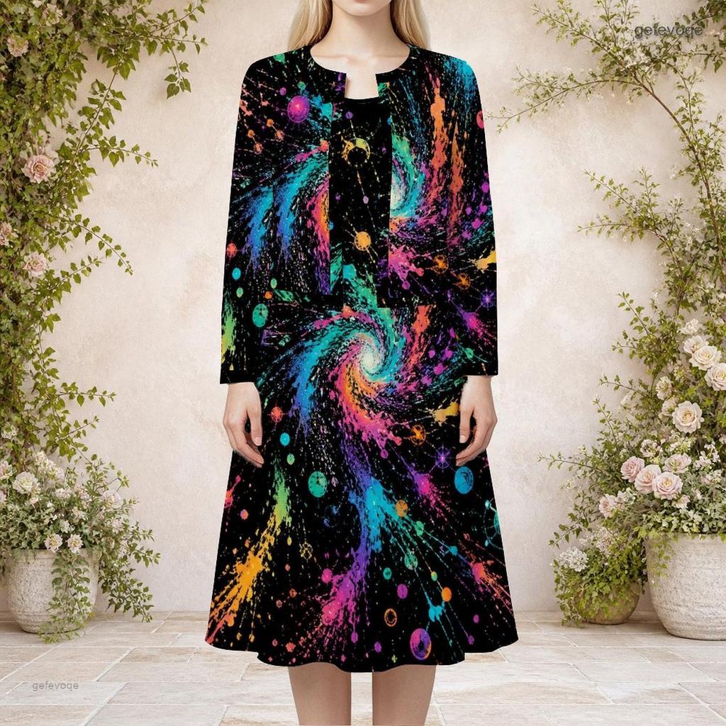 Damen Plus Size Rundhals Langarm Cardigan mit Galaxie-Print und Kleid Zweiteiliges Set