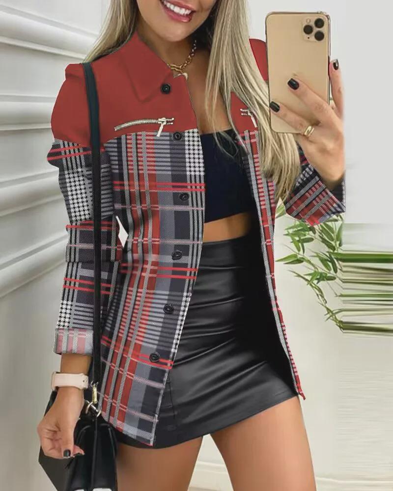 Autumn and Winter Women's New Fashion High Street Long Sleeve Zipper Color Block Print Polo Collar Versatile Coat