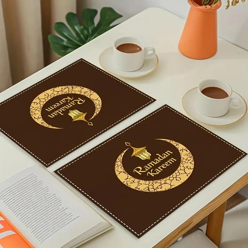 4/6pcs Ramadan Linen Placemats - Lantern & Moon Woven Table Mats for Kitchen, Dining & Celebration Decor, Hand Wash