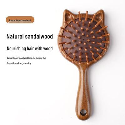 Peigne Massageur de Cuir Chevelu Tête de Chat en Bois de Santal Doré, Soin des Cheveux, Cheveux Moelleux pour Femmes, Usage Domestique