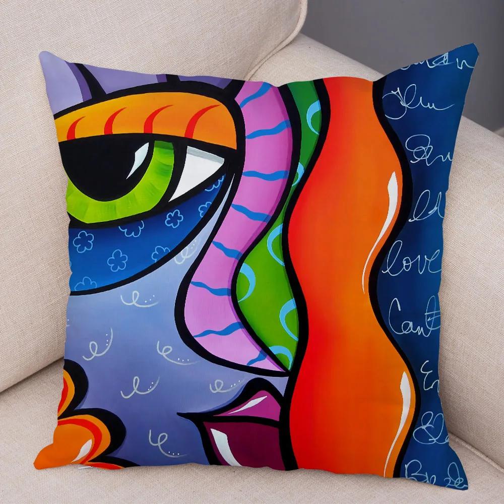 Abstract Painting Cushion Cover Decoration Nordic Style Colorful Cartoon Girl Pillowcase Sofa Home