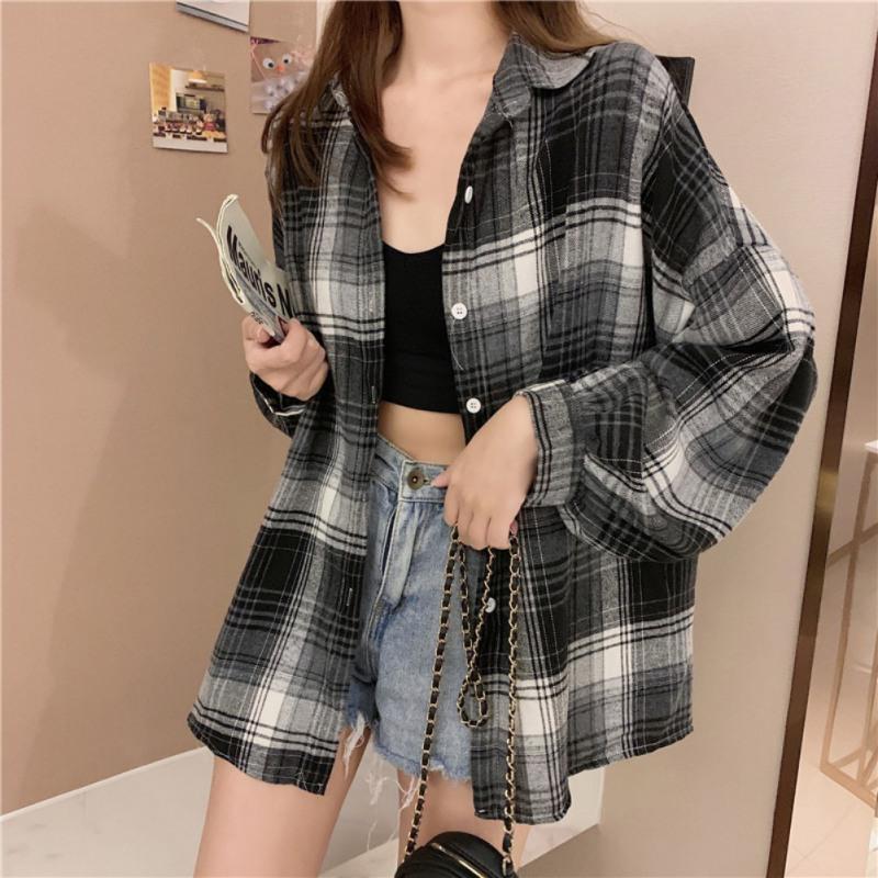 Women Summer Long Loose Shirt Falling Shoulder Long Sleeve Lapel Plaid Shirt