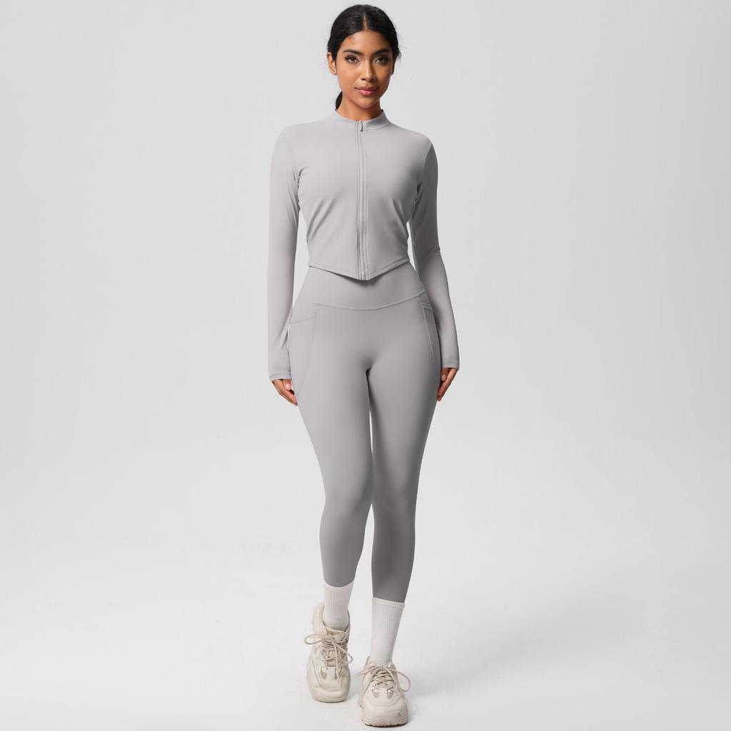 Naked Tight Zipper Jacket Yoga Suit Set, High Waist Pocket Quick Drying Exercise Running Fitness Two-Piece Set For Women