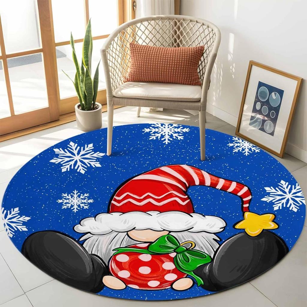 Christmas Gnome Carpet Holiday Decor Soft Non-Slip Rug Cartoon Cute Kids Room Soft Festive Round Mat Winter Seasonal Decor