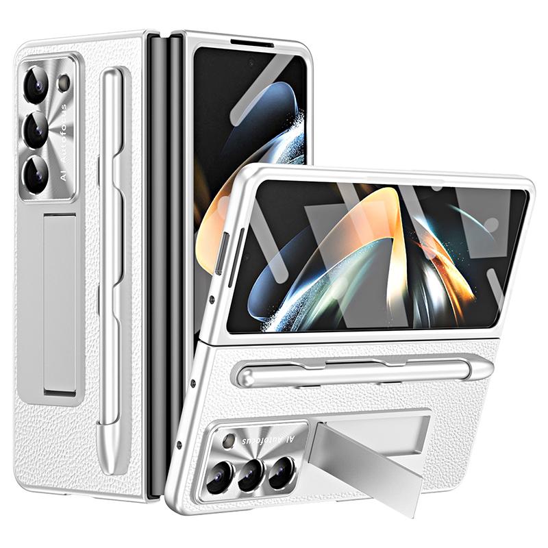 

For Samsung Galaxy Z Fold6 5G Case Kickstand Leather+PC Hard Phone Cover with Screen Film and Stylus Silver