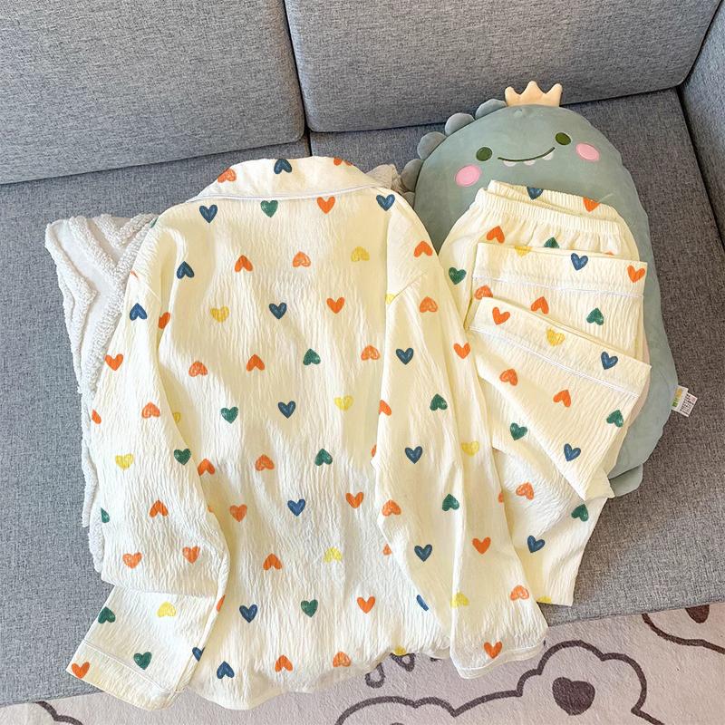Romantic Colorful Love Heart Print Women's Pajamas Spring New Sweet Lounges Fashion Milk Silk Wrinkled Cloth Sleepwear