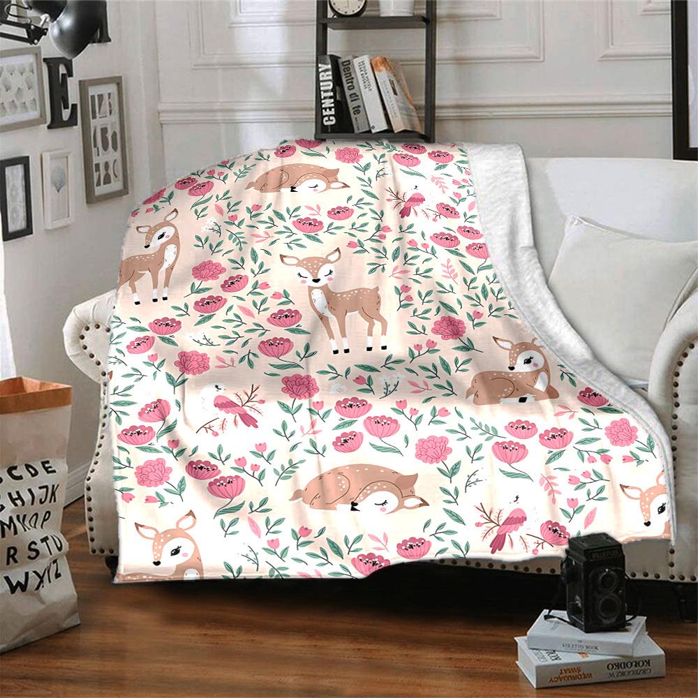 1pc Deer Floral Lightweight Flannel Blanket, Comfortable and Warm Blanket, for Office and Camping Sofa Bed, Livingroom158