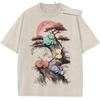 Beige Unisex Pure Cotton Washed Short Sleeve Sports T Shirt Vintage Anime Pikachu Cosplay Style Ninja Print