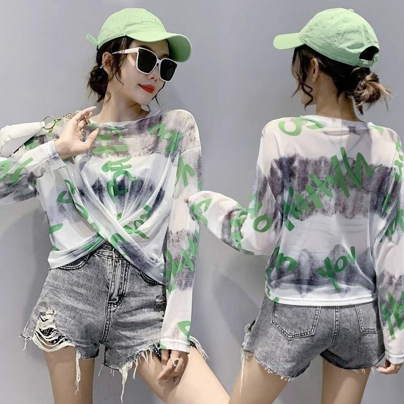 Printed Summer Designed Cropped Mesh Loose Tie-Dye Crew Neck Long-Sleeve Base Layer Thin Cover-Up Sun Protection T-Shirt Top