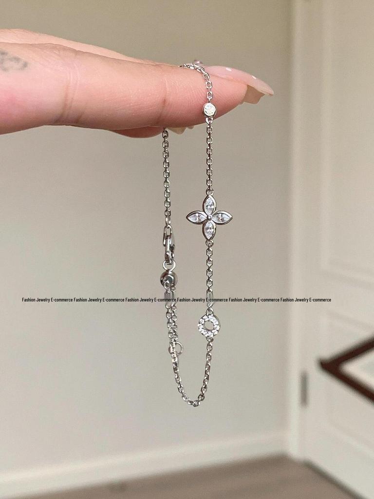 Exquisite Blue Four-Leaf Flower Zircon Bracelet: Versatile, High-Value, Micro-Paved, Stacking Jewelry