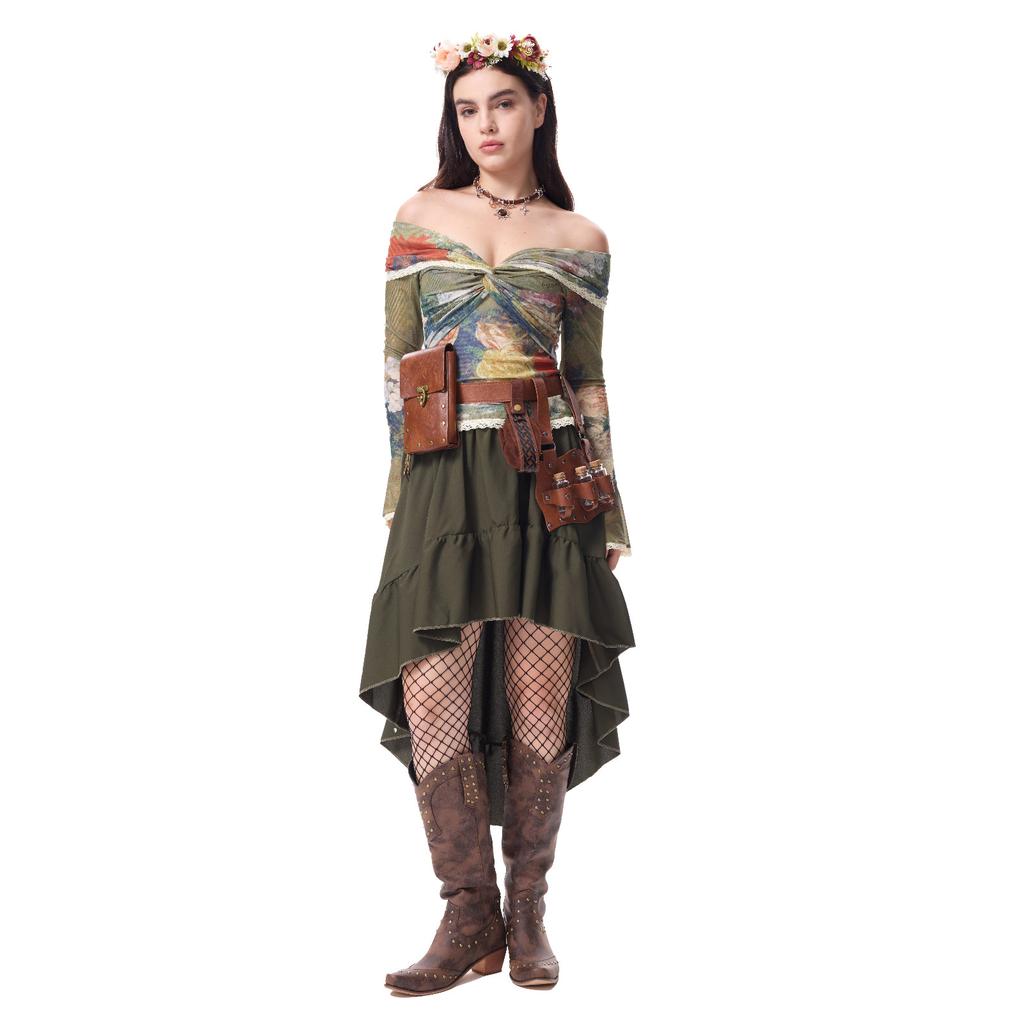 Damenkostüm Schulterfreies Oberteil Unregelmäßiger Rock Vintage-Outfit mit Dekoration