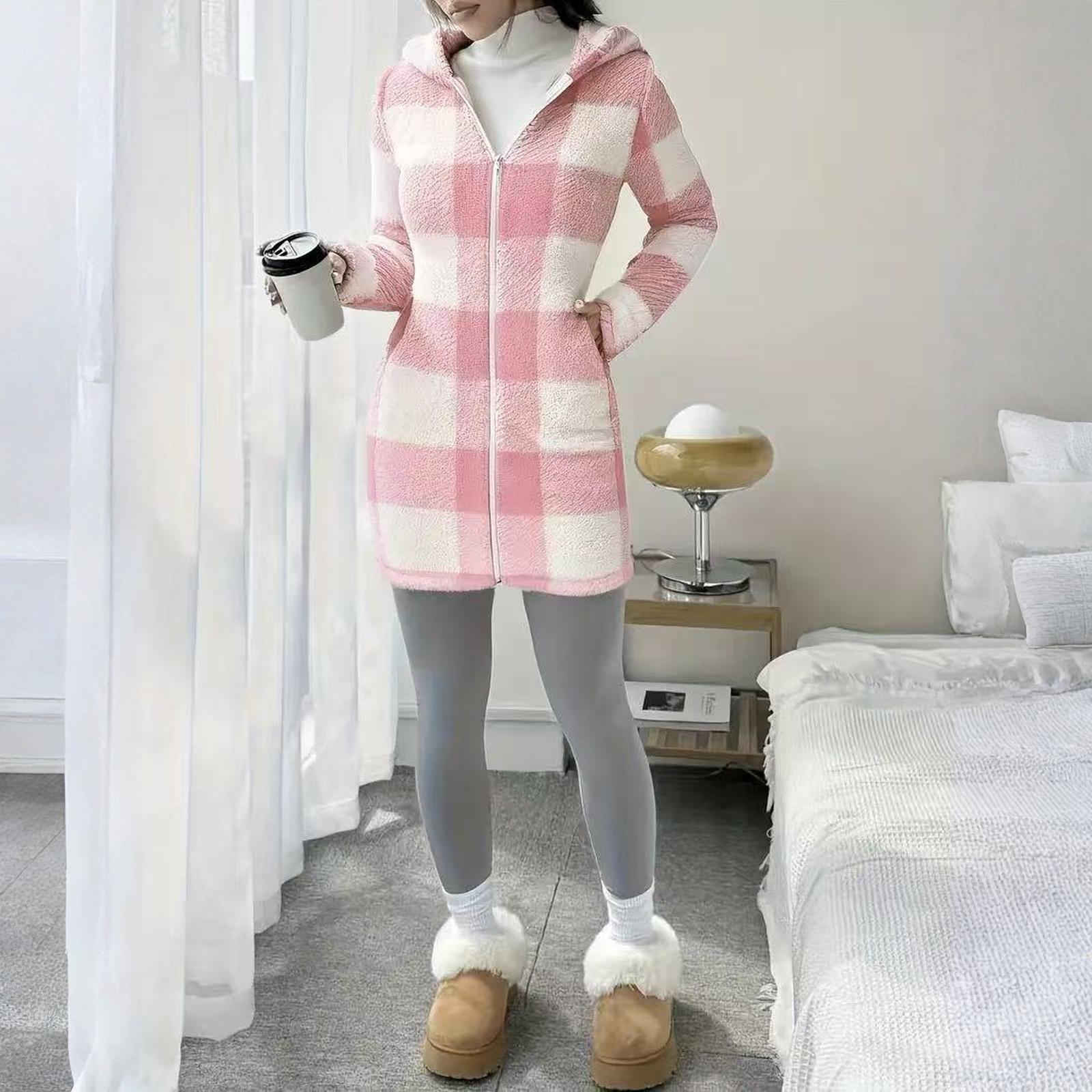 

Женский / зимний кардиган из овечьей шерсти на молнии с капюшоном, флисовое повседневное пальто L розовый