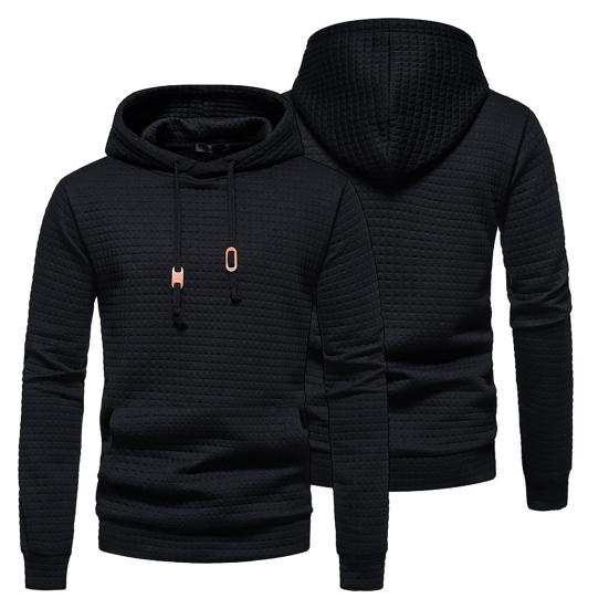 Long Sleeves Drawstring Pocket Waffle Fabric Men Sweatshirt Spring Autumn Plaid Quilting Solid Color Hoodie