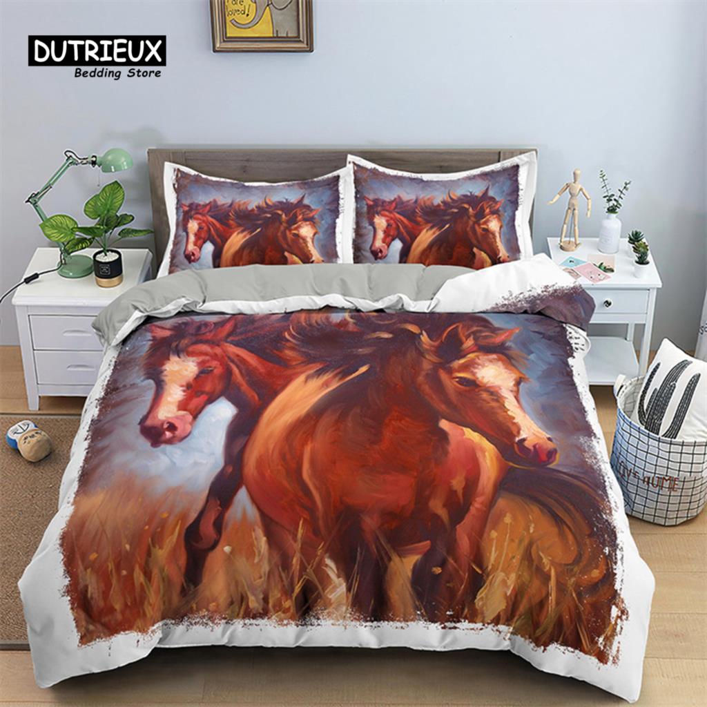 Horse Duvet Cover 3D Steed Farm Animal Comforter Cover Polyester Exotic Style Western Cowboys Bedding Set Twin For Kids Boy Teen