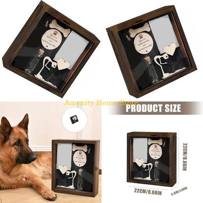 F26C Pet Memorial Shadows Box with Dog Wooden Sculpture,Tages & Collar Display Keepsakes Box Wooden Pet Picture Frame Gift