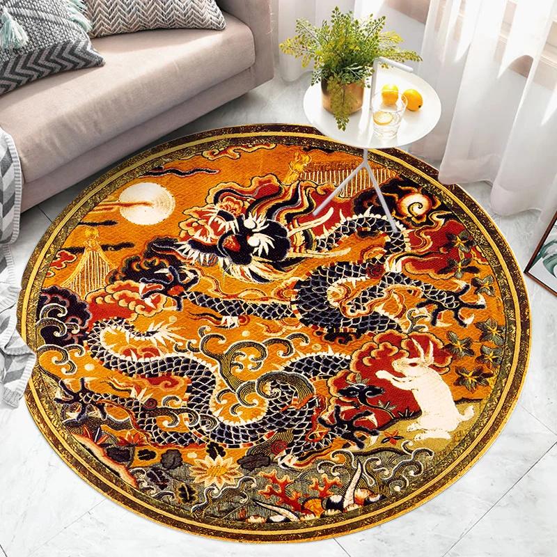 Round Area Rug With Traditional Chinese Dragon Patterns In Multiple Colors Exquisite Artistic Style Soft Durable Floor Decor