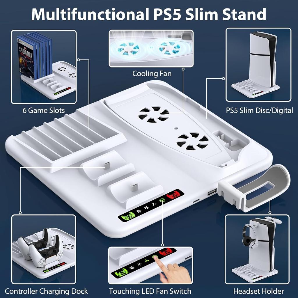PARA PS5 Slim con estación de carga y soporte de almacenamiento para 8 juegos con ventilador de refrigeración y estación de carga para controlador PS5