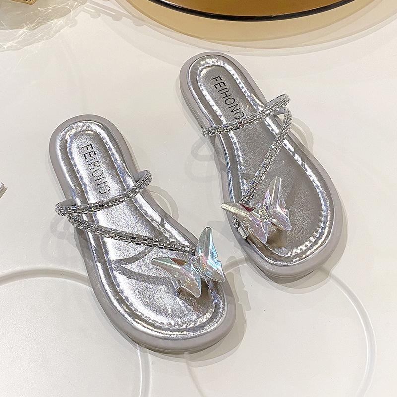 

Сандалии-шлепанцы с носком, покрытым стразами, весна и лето, новая коллекция, серебристые сандалии, женская обувь 40 серебряный