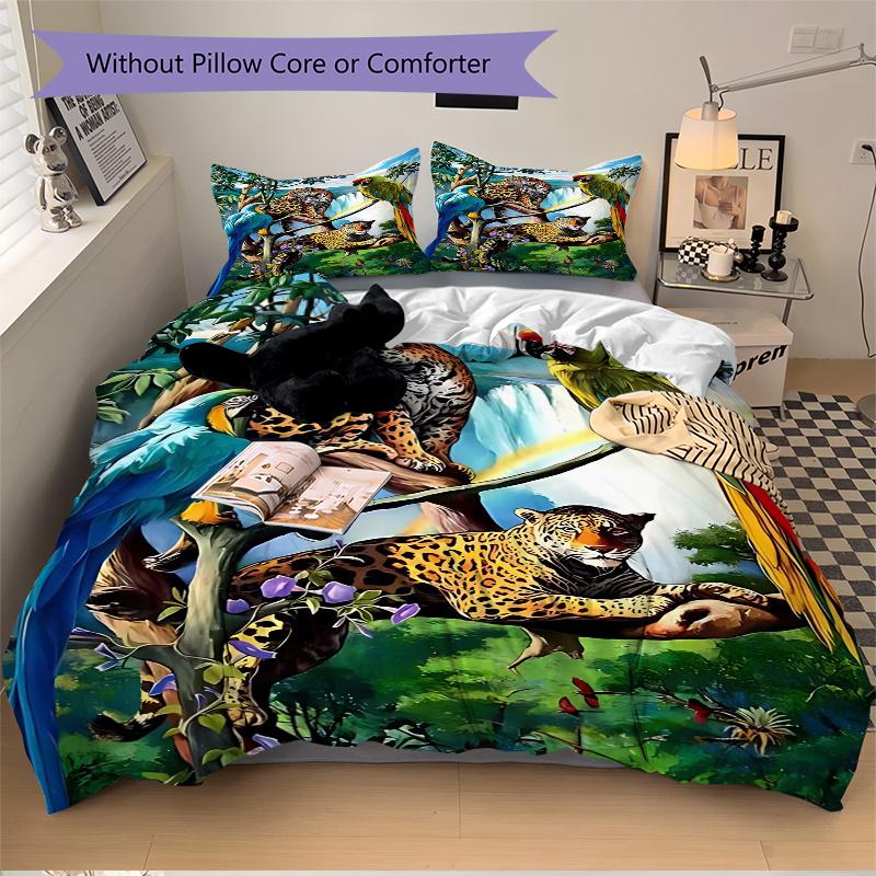 3pcs Anime Leopard & Parrot Bedding Set, Includes One Quilt Cover and Two Pillowcases (No Core), Polyester Fabric