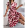 GMXIA Spring Summer Elegant Floral Short-sleeved Wide-swing Pleated Dress for Women's Wear