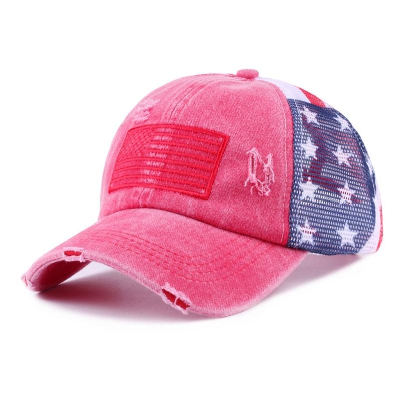 Distressed Wash Cotton Baseball Hat with Star Print Curved Brims Mesh Ponytail Sun Hat for Patriotic Women Teens Girl