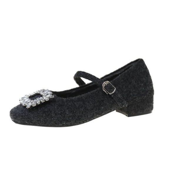 Buckle small fragrant wind plush winter 2025 rhinestone thick heel new square head gentle temperament scoop Mary Jane shoes children