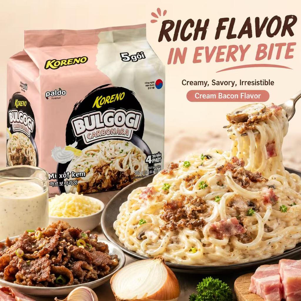 PALDO Noodle Saltati Gusto Panna e Bacon Multi-Confezione 100g*5 | Gusto Ricco Panna e Bacon, Consistenza Elastica dei Noodle, Cibo Istantaneo Conveniente