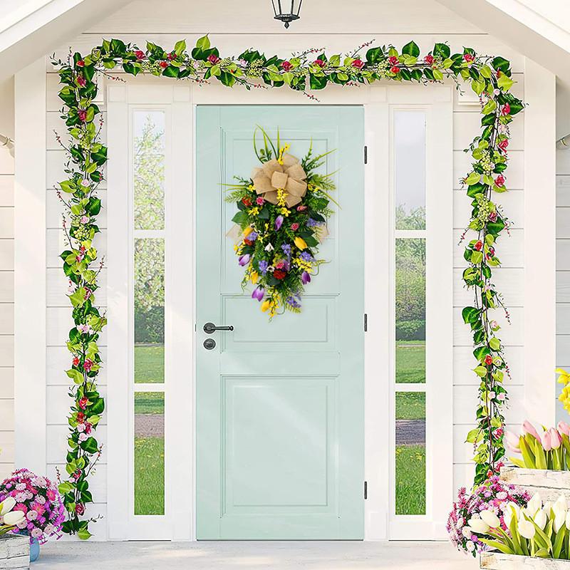 Charming Floral Spring Door Wreath With Elegant Hanging Design And Tulips Lavender