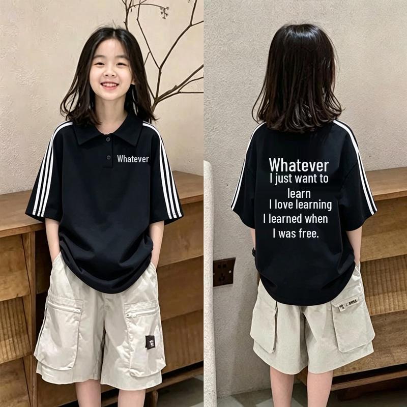 Girls' Stylish Color Block Polo T-Shirt - Summer Short-Sleeve, Loose Fit with Striped Lapel, Medium to Large Sizes